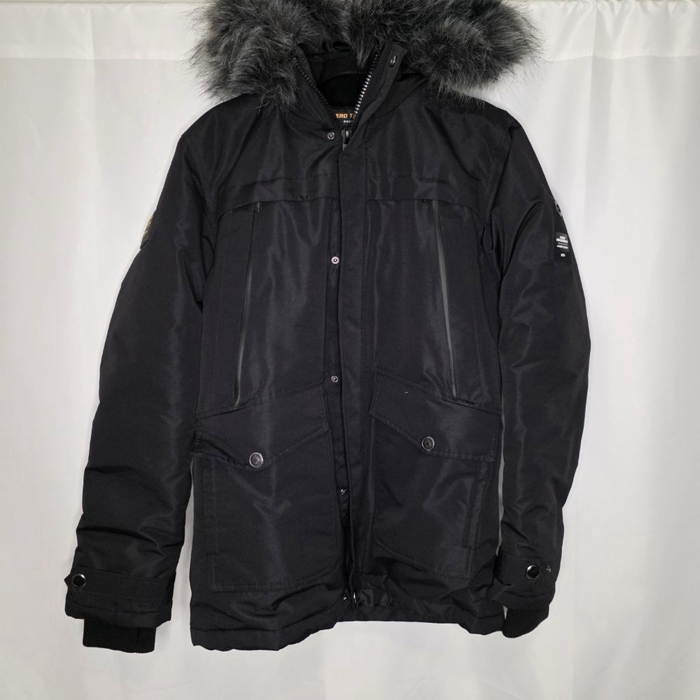 Point Zero Black Puffer Jacket Men’s Small Faux Fur Hood Winter Coat